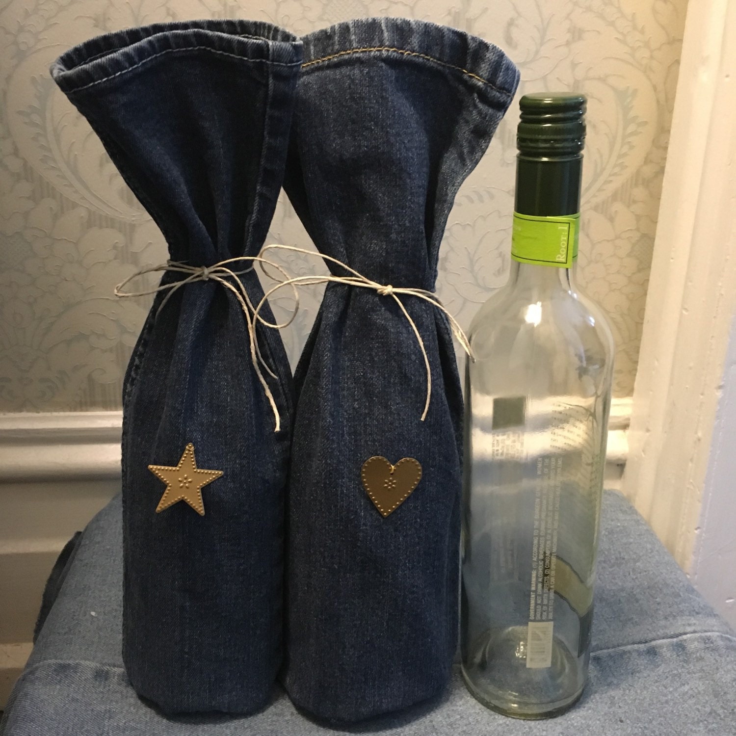 Pair of denim wine bottle gift bags recycled from jeans