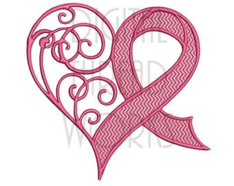 Awareness Heart Ribbon Embroidery Design for 4x4, 5x7, and 6x10 inch Hoops, Breast Cancer Awareness. Instant Download..