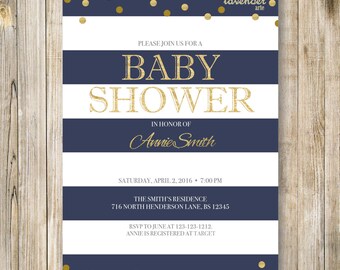 NAVY NAUTICAL Baby Shower Invitation, Navy Blue White Gold, Nautical Stripes Dots Digital Invite, Sailor Baby Boy Girl Shower Printables