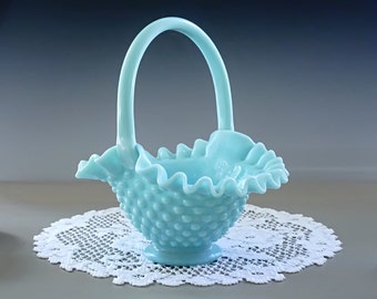 Fenton Milk Glass Hobnail Basket, TURQUOISE Hobnail Basket, Blue Hobnail Basket, Fenton Art Glass Ruffled Dish, Crimped Bowl, Vintage 1950s