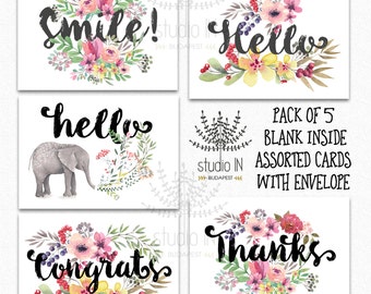 Pack of 5 assorted card, note cards, Card set, thank you card, hello card, set of cards, floral cards, greeting card set,