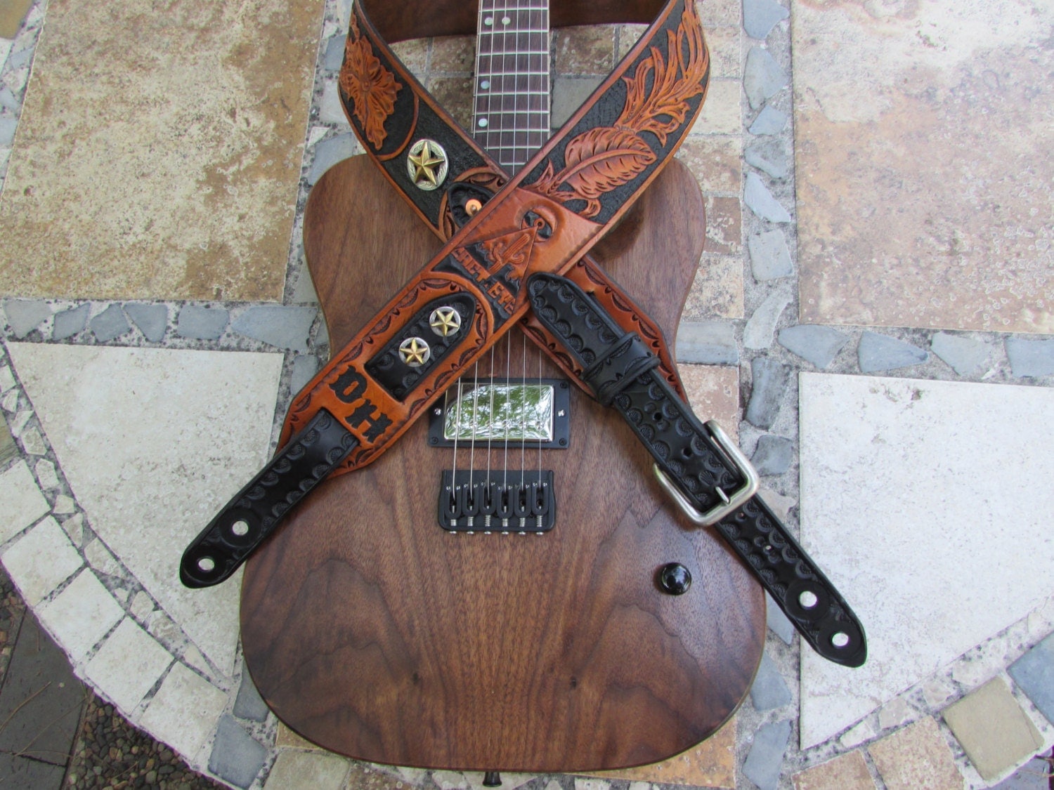 2.5 Wide Hand Carved Leather Guitar Strap