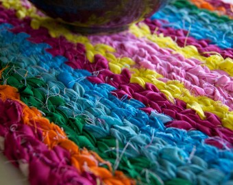 Twined Rag Rug Mat Pink Orange Aqua Yellow Green 17 x 10 inches
