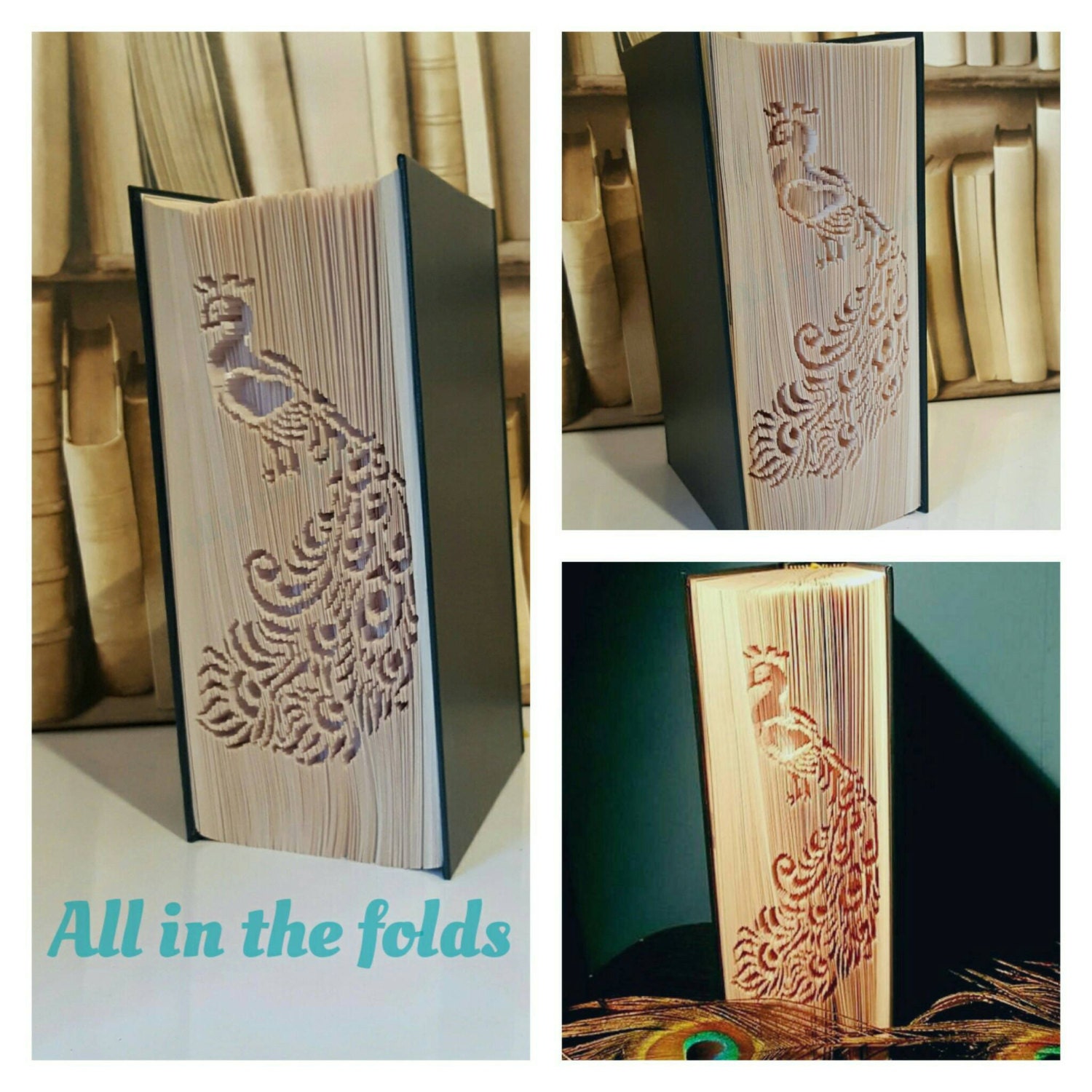 Peacock CUT AND FOLD Book art pattern. Includes measurements