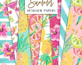 Summer Digital Papers | Tropical Pineapple Lemon Oranges Cocktail Flowers pattern designs | graphics planner stickers resources