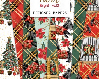 Christmas Digital Paper Pack Fashion Couture Plaid Tree Cozy Holidays Pattern | planner stickers, graphics resources, Fabric, Backdrop