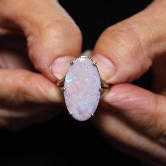 Natural Australian Andamooka Opal 14kt white gold Ring 8.68ct Custom Made One of a Kind Lots of Fire!
