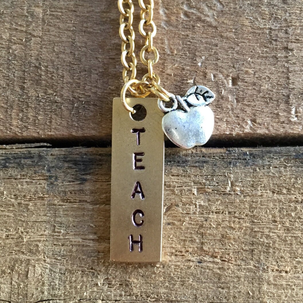 Teacher Necklace Hand stamped TEACH with Silver Apple