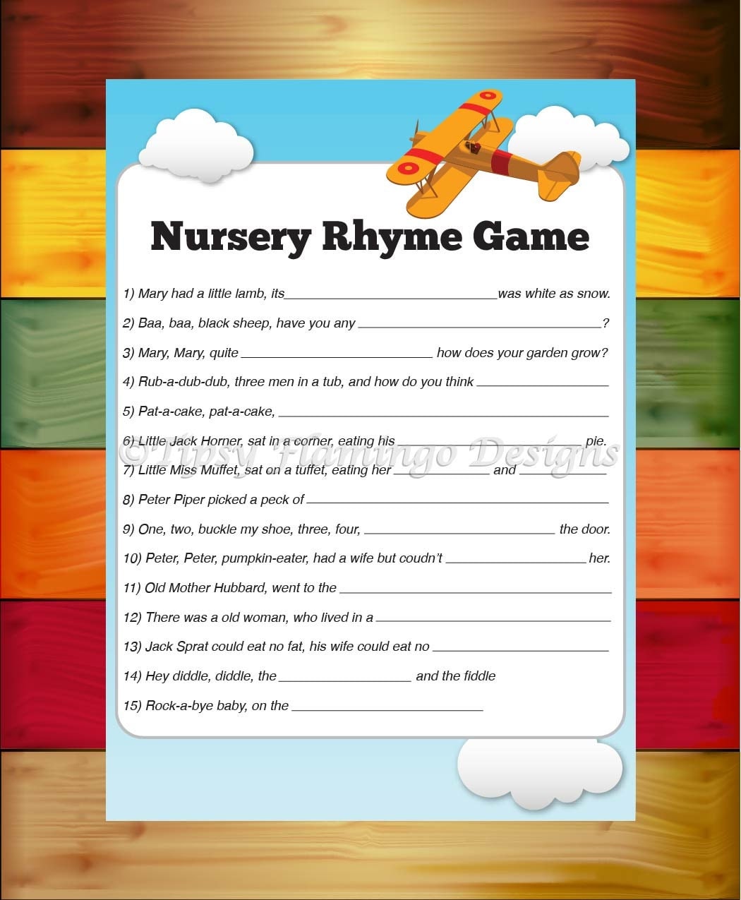 Baby Shower Game Nursery Rhyme Game by TipsyFlamingoDesigns