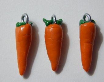 Set of 3: Orange Carrot Vegetable Charms, Beads Handmade from Polymer Clay