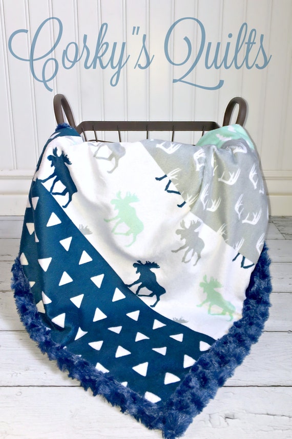 Minky Moose Baby Blanket Desiger Faux Quilt by TheDesignerMinkyCo