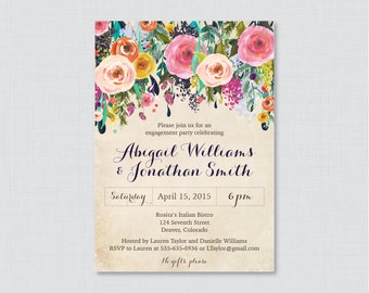 Floral Engagement Party Invitation Printable or Printed - Shabby Chic Engagement Party Invitations, Colorful Flower Garden Party 0002-A