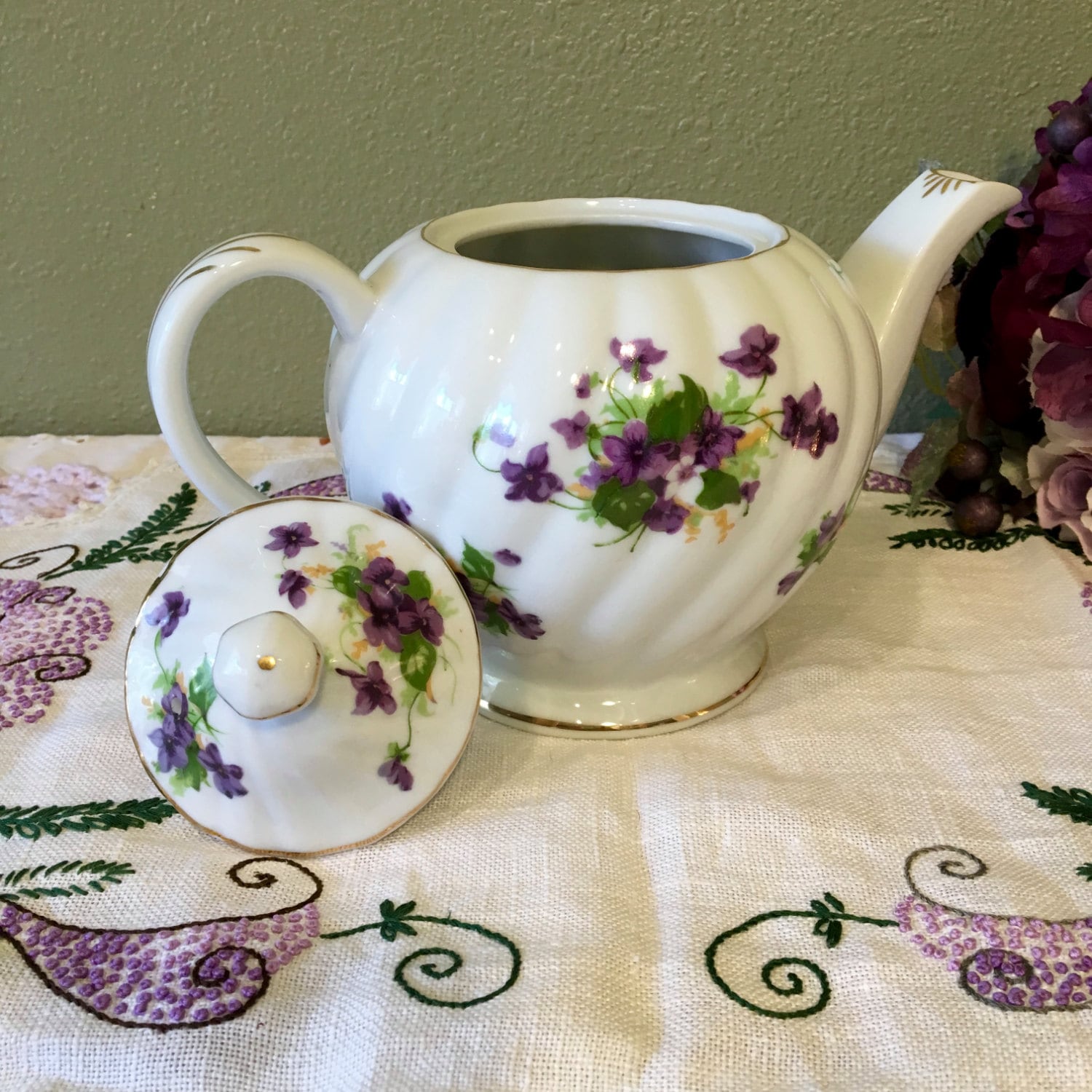 Norcrest Fine China Sweet Violet Teapot with lid Purple