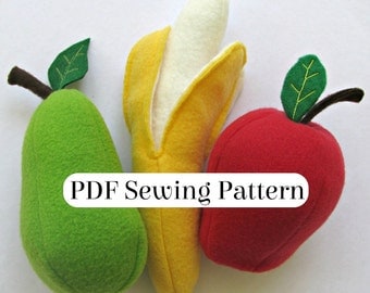 Play Food Fruit Pattern - PDF Sewing Pattern - Fleece Food Fruit - Banana Apple and Pear - DIY Pretend Food - Plush Fruit Softie