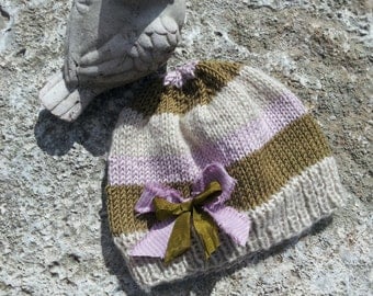 3-6 Month Baby Girl Cloche Shabby Chic Bow Striped Hat Wool/Acrylic Hand Knit Unique One-of-a-Kind Louisa Vintage