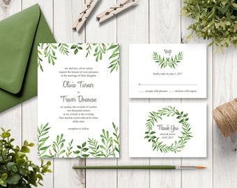 Watercolor Wedding Invitation Set "Lovely Leaves", Green. Printable Wedding Templates. Editable Text, MS Word Templates. Instant Download.