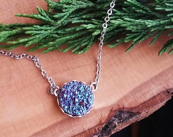Peacock druzy necklace, purple druzy necklace, peacock ore gemstone necklace, purple gemstone necklace