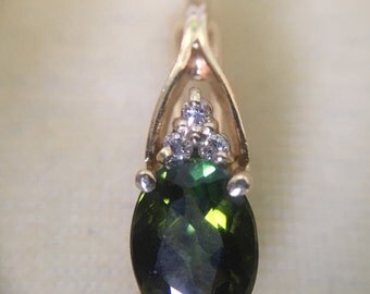 14K Oval Faceted Green Tourmaline and 3 Diamond Accent Pendant