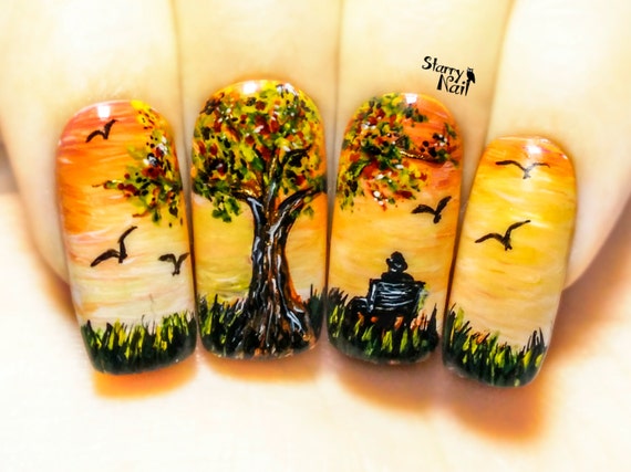 Items similar to Autumn Sunset⎮ Freehand Nail Art. Handmade Fake Nails ...