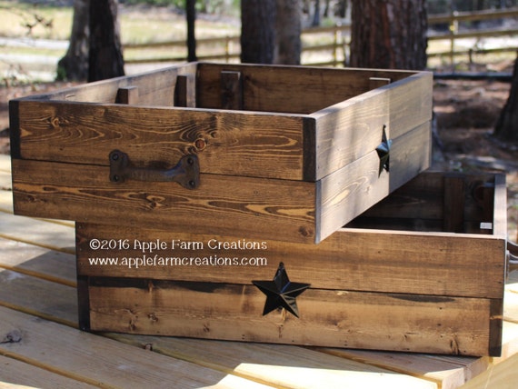 Rustic Wooden Box/Crate with 2 Black Metal Stars and 2 Rustic Cast Iron Handles; Large Storage Box; Rustic Country Primitive Farmhouse Decor