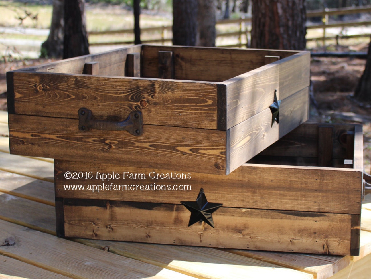 Rustic Wooden Box/Crate with 2 Black Metal Stars and 2 Rustic