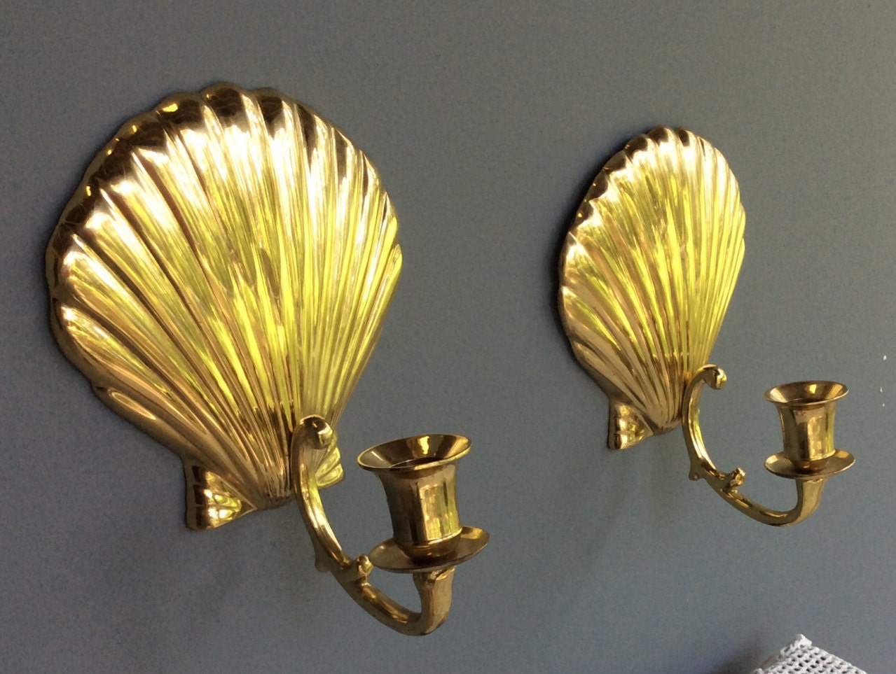 Vintage Clam Shell Wall Sconces Hollywood Regency Brass