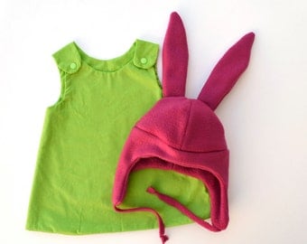 pink bunny ears costume, girls green dress costume, pink bunny ears hat, girls halloween costume