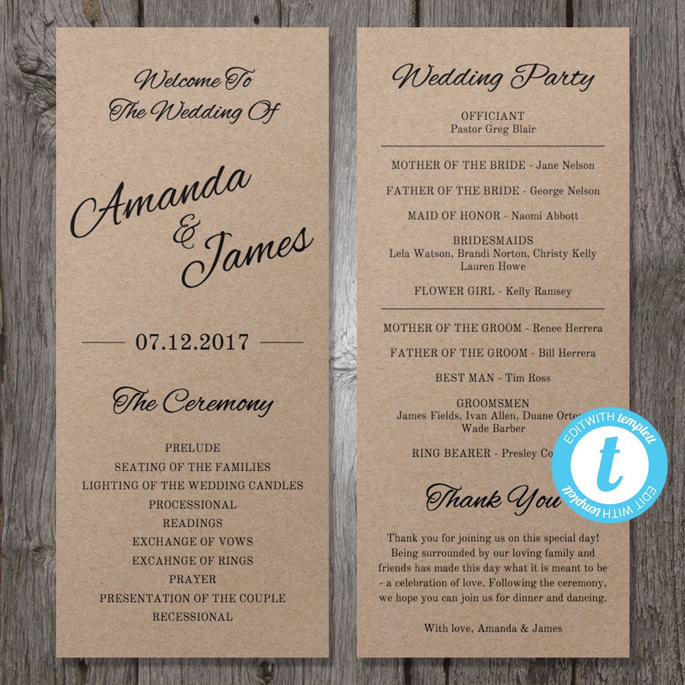 Printable Rustic Wedding Program Template Instant By Youprintem Free Rustic Wedding Program Templates