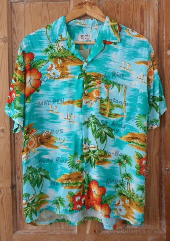 Vintage 1960S Jamaican Print Aloha Hawaiian Shirt M