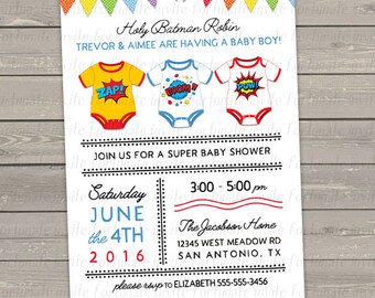 superhero baby shower invitation, comic book superhero invites, digital or printed invitations