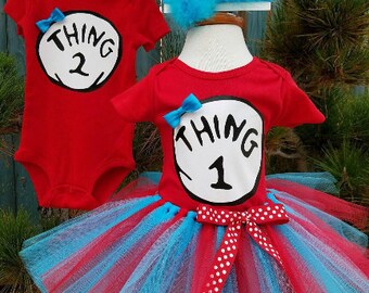 Dr. Seuss "Thing 1 and Thing 2" Twin Party Outfits - Unisex Red Onesie w/ Bow or Bowtie, Turquoise & Red Tutu w/ Removeable Bow, Customize