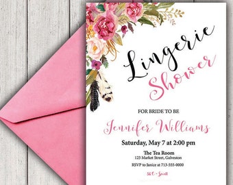 BRIDAL SHOWER Invitation, LINGERIE Shower Invitation, Bohemian Bridal Shower, Printable Bridal Shower, Boho Chic Bridal, diy