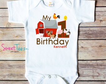 First Birthday Shirt Animals Horse Cow Barn Personalized Age Shirt Farm birthday Shirt for Baby Toddler Shirt Top Bodysuit