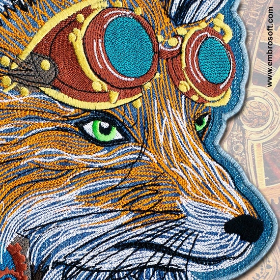 Large Patch Fox in Steampunk style SEW on & IRON on 8.3 x 11.8 inches (21 cm x 30 cm) by EmbroSoft steampunk buy now online