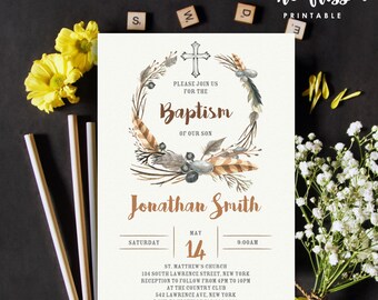 Watercolor Boho Feather Baptism Invitation | Christening | 5x7 | Editable PDF | Instant Download | Personalize at home with Adobe Reader