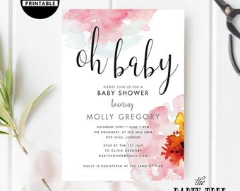 Floral Baby Shower Invitation , Oh Baby Invitation , Printable Invite , 5x7 , Modern Baby Shower , Girl Baby Shower