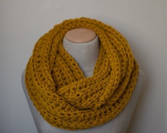 Mustard infinity scarf, vegan cowl, knit infinity scarf, circle scarf, tube scarf, crochet infinity scarf, goldenrod scarf, yellow scarf