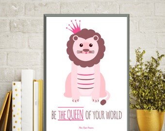 Illustration children lion, Nursery art girl, Children poster, Kids print, Animal print, Kids room decor, Nursery decor, Nursery art animals