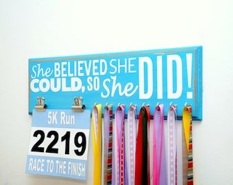 Running Medal Holder and Race Bib Display, Choose your color, Marathon Medal Display, Running Medal Rack, Race Bib She Believed She Could
