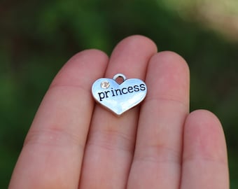 1 piece Stamped Heart, Princess Heart Charm, Heart Charm with Rhinestone, Princess Charm , daughter gift diy K00053H