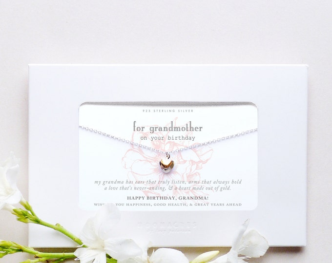 Grandmother | Sterling Silver Gold Filled Two Hearts Heart Necklace Poem Message Card Jewelry Happy Birthday Grandma Greeting Card Gift