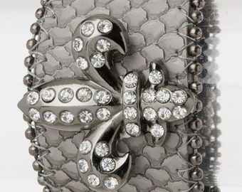 Genuine Leather Grey Fleur de Lis Bracelet