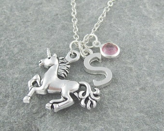 Unicorn necklace, personalized jewelry, initial necklace, swarovski birthstone, birthstone necklace, unicorn jewelry, silver chain, for her