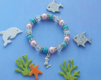 Mermaid Charm Bracelet, Kids Jewellery, Crystal Bracelet, Mermaid Jewelry, Children's Accessories, Beaded Bracelet, Kids Mermaid Gift, Girly