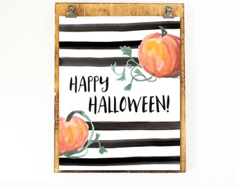 Happy Halloween Printable Wall Art Pumpkin Print Halloween Print Watercolor Pumpkins Print Halloween Decor Halloween Orange & Black Stripes
