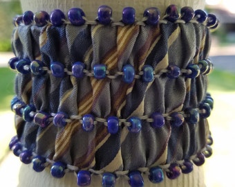Bracelet - Upcycled Silk Necktie - Beaded Cuff Bracelet-English Smocking