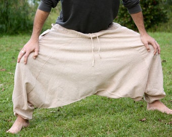 Handmade Aladdin Mens Ashtanga Harem Alibaba Yoga Afghani Pants, Hemp Chai Colour with pocket trousers comfortable pilates tai chi kong fu