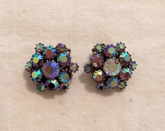 Vintage Aurora Borealis Rhinestone Clip Earrings