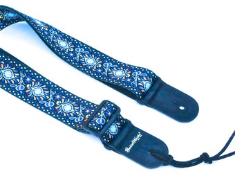 Guitar Strap Blue Floral Comfortable Nylon Solid Leather Ends Adjustable Length Fits All Acoustic Electric & Bass Guitars Made In U.S.A.