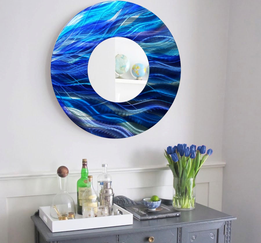Contemporary Aqua Blue & Teal Circle Wall Mirror Abstract
